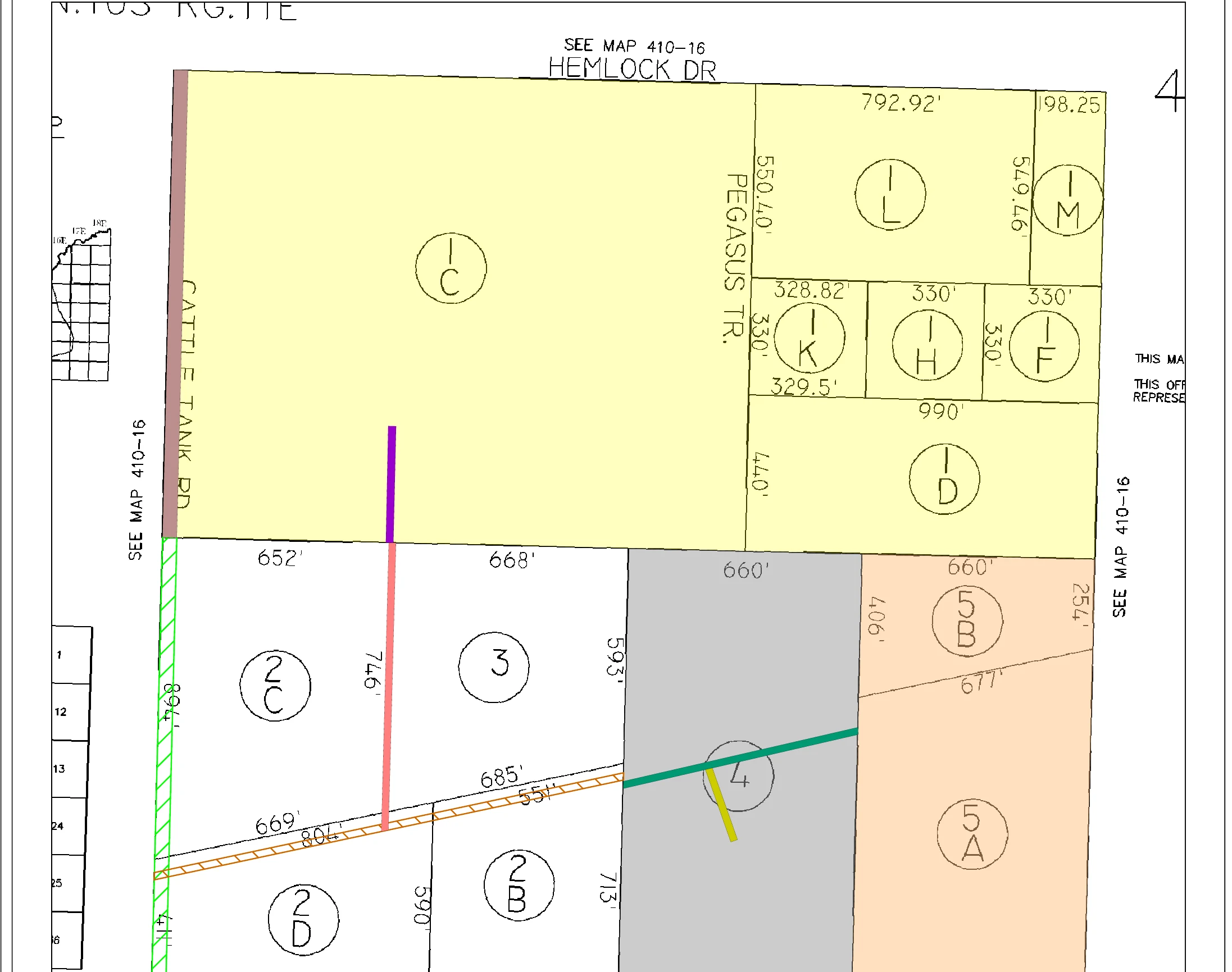 Sample plotted easement map showing parcel boundaries and color-coded easements